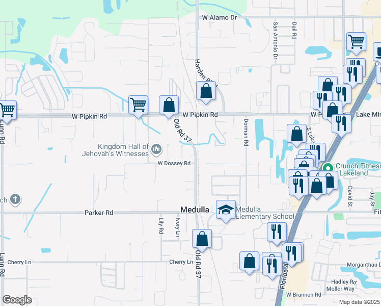 map of restaurants, bars, coffee shops, grocery stores, and more near 5135 Old Road 37 in Lakeland