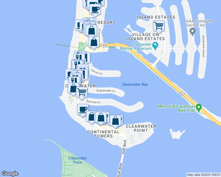 map of restaurants, bars, coffee shops, grocery stores, and more near 176 Brightwater Drive in Clearwater