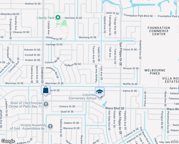 map of restaurants, bars, coffee shops, grocery stores, and more near 1120 Pasadena Road Southeast in Palm Bay