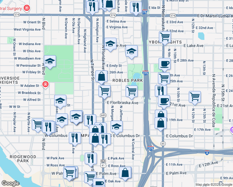 map of restaurants, bars, coffee shops, grocery stores, and more near 3011 North Morgan Street in Tampa