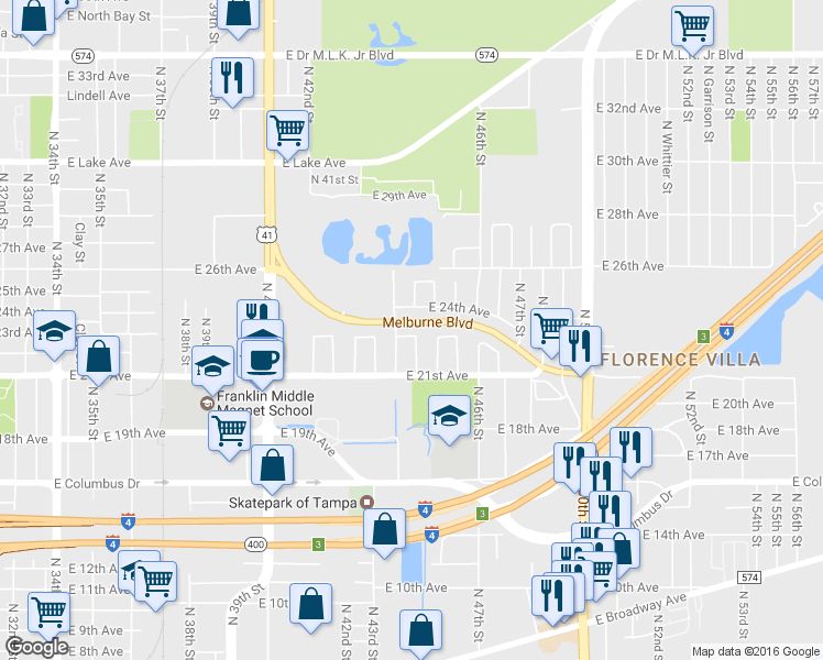 map of restaurants, bars, coffee shops, grocery stores, and more near 4406 East 22nd Avenue in Tampa