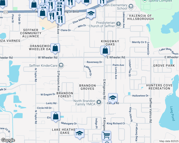 map of restaurants, bars, coffee shops, grocery stores, and more near 215 Faithway Drive in Seffner