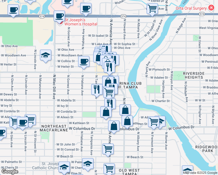 map of restaurants, bars, coffee shops, grocery stores, and more near 2501 West Leroy Street in Tampa