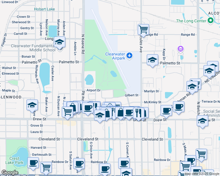 map of restaurants, bars, coffee shops, grocery stores, and more near 1875 Airport Drive in Clearwater