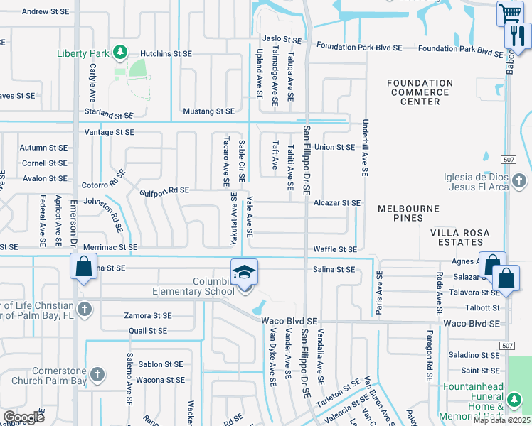 map of restaurants, bars, coffee shops, grocery stores, and more near 1231 Wade Street Southeast in Palm Bay