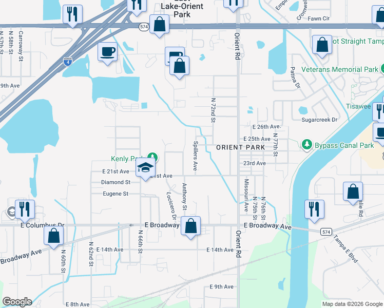 map of restaurants, bars, coffee shops, grocery stores, and more near 3016 Spillers Avenue in Tampa