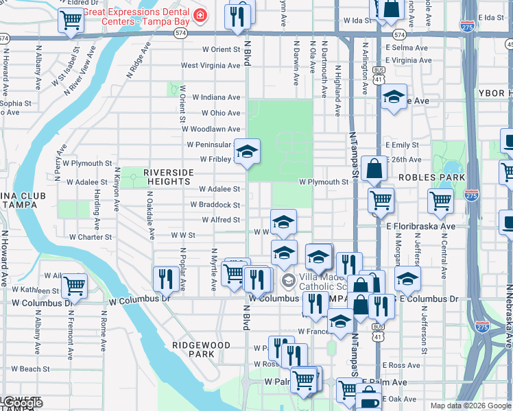 map of restaurants, bars, coffee shops, grocery stores, and more near 3102 North Woodrow Avenue in Tampa