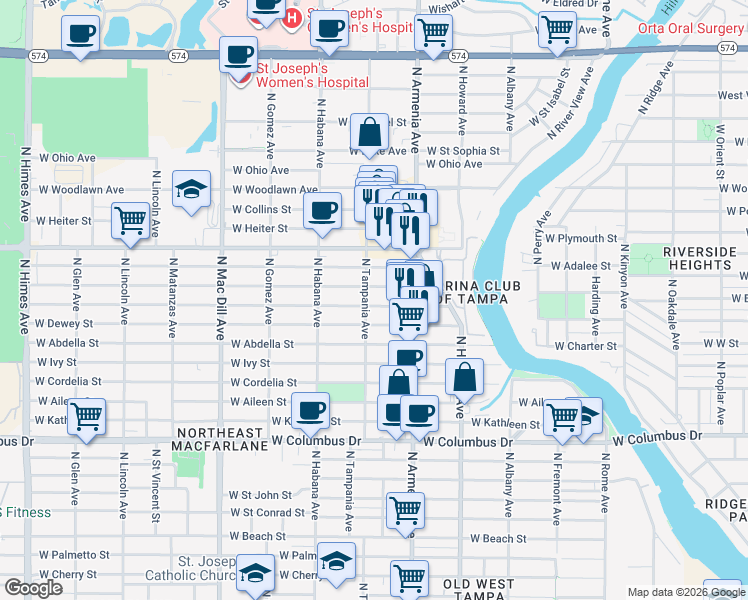 map of restaurants, bars, coffee shops, grocery stores, and more near 2523 W Leroy St in Tampa
