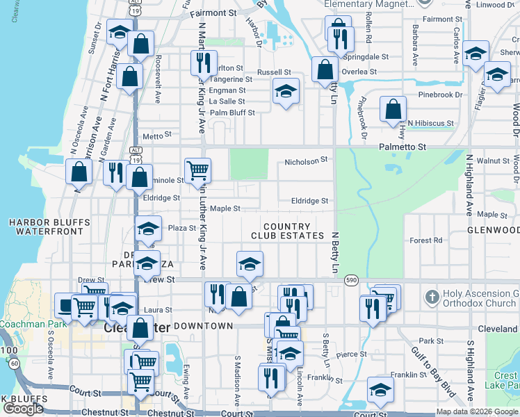 map of restaurants, bars, coffee shops, grocery stores, and more near 622 North Missouri Avenue in Clearwater