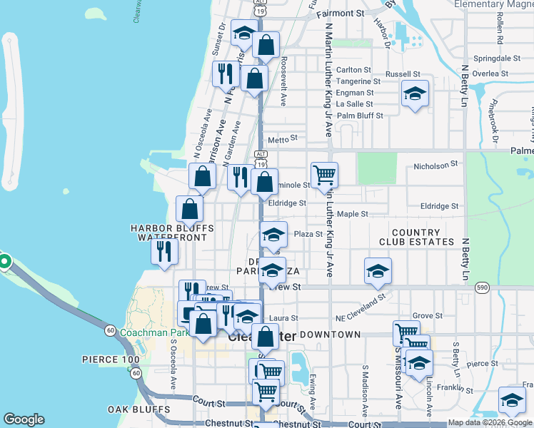 map of restaurants, bars, coffee shops, grocery stores, and more near 601 North Myrtle Avenue in Clearwater