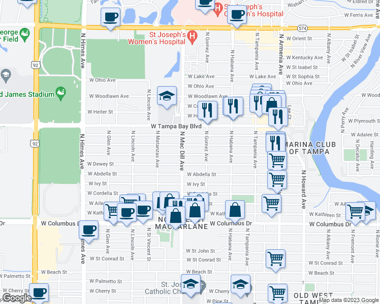 map of restaurants, bars, coffee shops, grocery stores, and more near 3035 West Leroy Street in Tampa