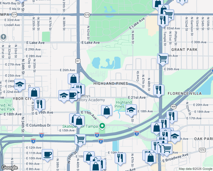 map of restaurants, bars, coffee shops, grocery stores, and more near 4310 East 22nd Avenue in Tampa