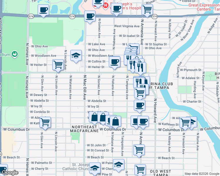 map of restaurants, bars, coffee shops, grocery stores, and more near 2905 West Leroy Street in Tampa