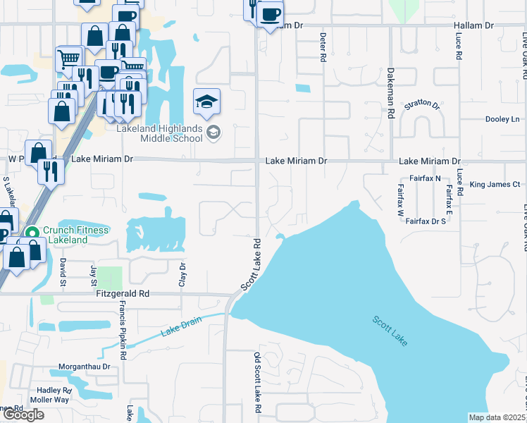 map of restaurants, bars, coffee shops, grocery stores, and more near 5115 Hanover Lane in Lakeland