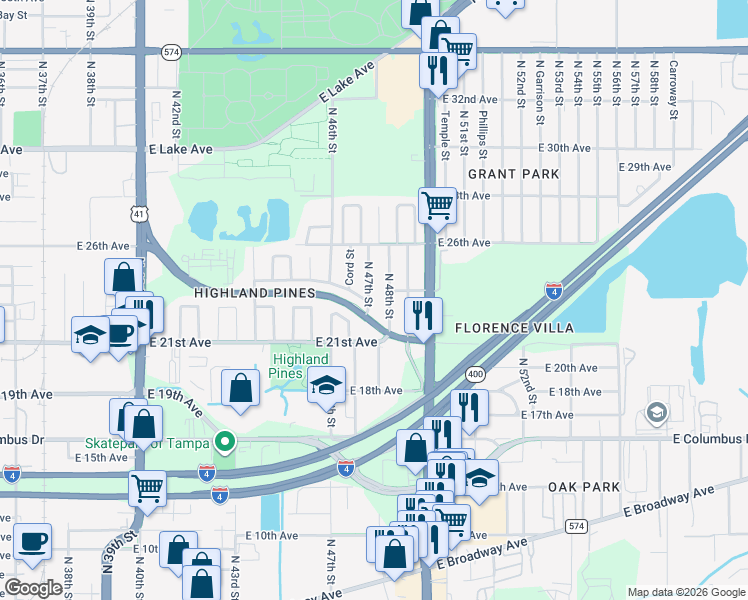 map of restaurants, bars, coffee shops, grocery stores, and more near 3207 North 47th Street in Tampa