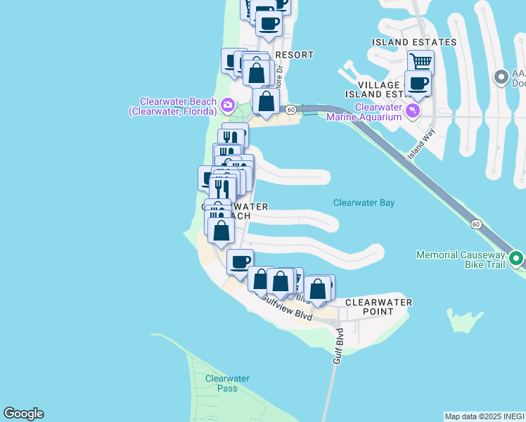 map of restaurants, bars, coffee shops, grocery stores, and more near 120 Brightwater Drive in Clearwater