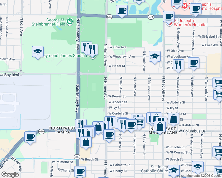 map of restaurants, bars, coffee shops, grocery stores, and more near 3409 West Leroy Street in Tampa