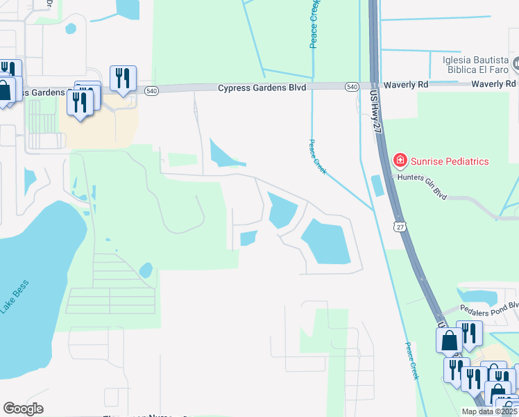 map of restaurants, bars, coffee shops, grocery stores, and more near 9074 Thomasville Drive in Winter Haven