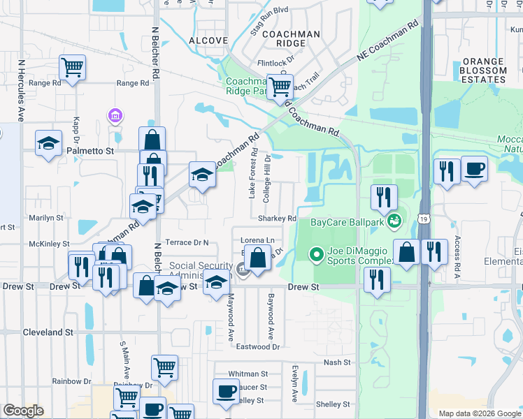 map of restaurants, bars, coffee shops, grocery stores, and more near 616 College Hill Drive in Clearwater