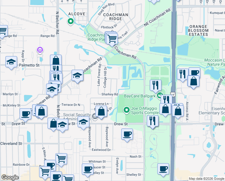 map of restaurants, bars, coffee shops, grocery stores, and more near 615 Ruskin Drive in Clearwater