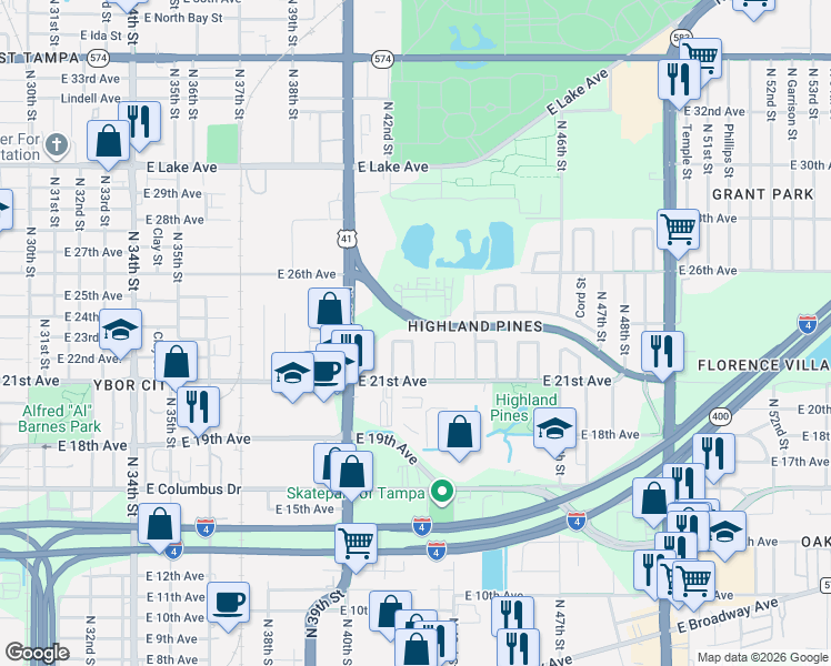map of restaurants, bars, coffee shops, grocery stores, and more near 4210 East 22nd Avenue in Tampa