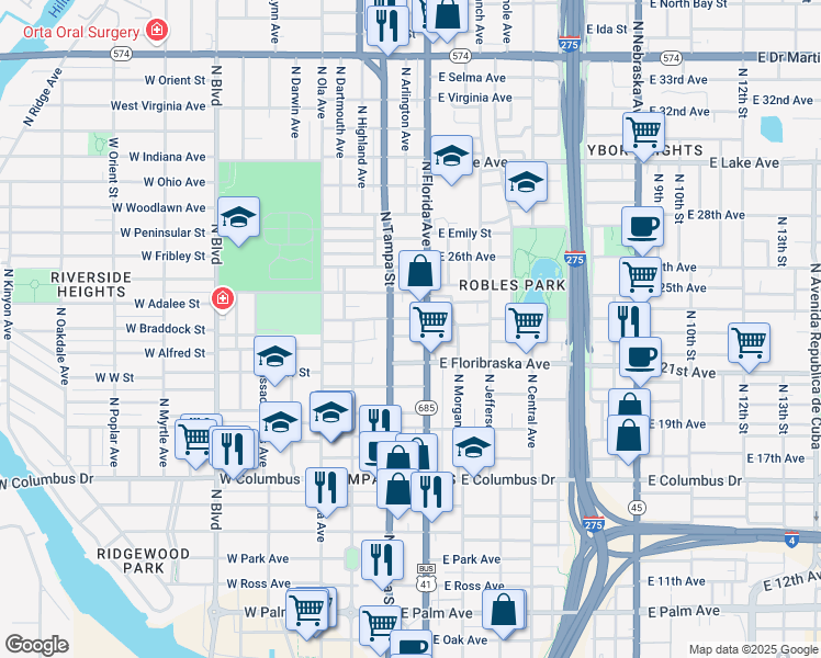 map of restaurants, bars, coffee shops, grocery stores, and more near 3033 U.S. 41 Business in Tampa