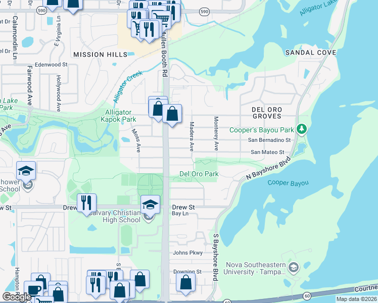 map of restaurants, bars, coffee shops, grocery stores, and more near 608 Madera Avenue in Clearwater
