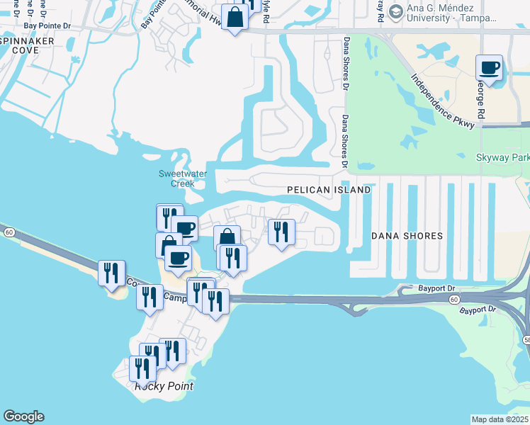 map of restaurants, bars, coffee shops, grocery stores, and more near Skysail Place in Tampa