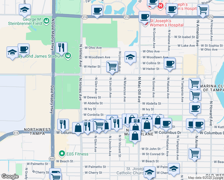 map of restaurants, bars, coffee shops, grocery stores, and more near 3223 West Leroy Street in Tampa