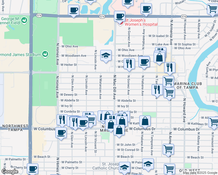 map of restaurants, bars, coffee shops, grocery stores, and more near 3109 West Leroy Street in Tampa