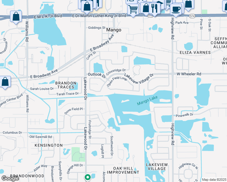 map of restaurants, bars, coffee shops, grocery stores, and more near 1726 Open Field Loop in Brandon