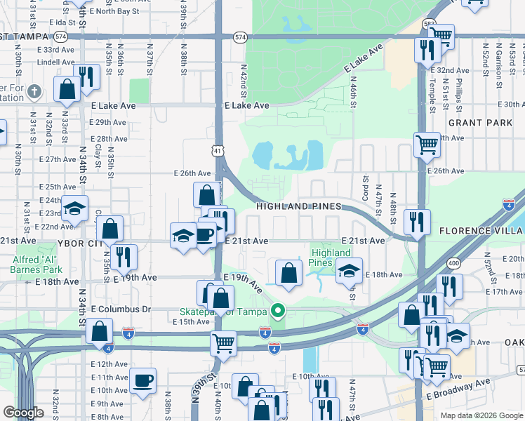 map of restaurants, bars, coffee shops, grocery stores, and more near 4210 East 22nd Avenue in Tampa
