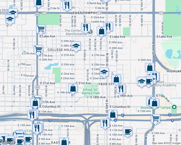 map of restaurants, bars, coffee shops, grocery stores, and more near 3106 East 23rd Avenue in Tampa