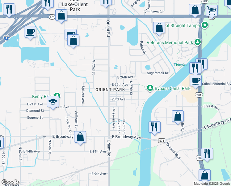 map of restaurants, bars, coffee shops, grocery stores, and more near in East Lake-Orient Park