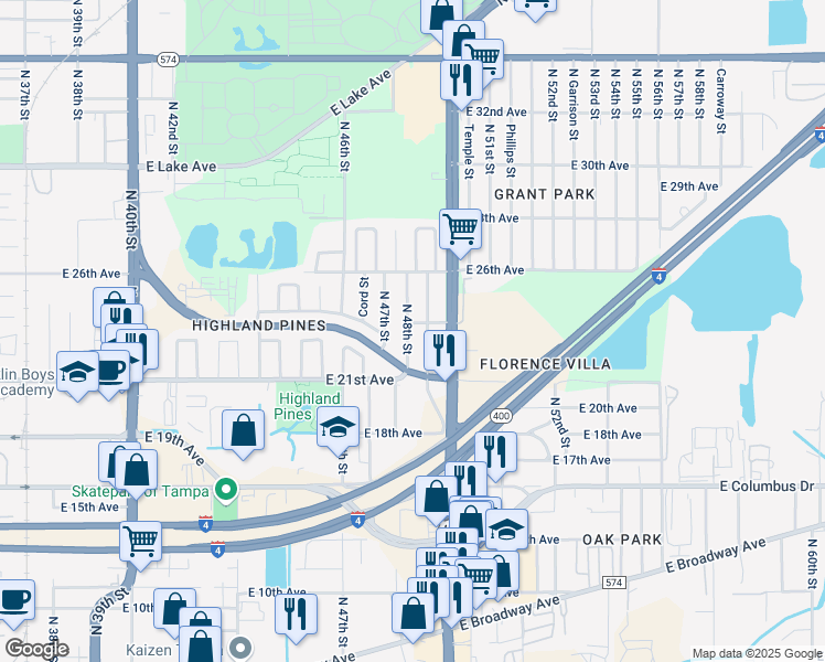 map of restaurants, bars, coffee shops, grocery stores, and more near 3024 North 49th Street in Tampa
