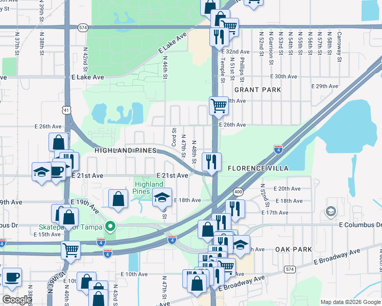 map of restaurants, bars, coffee shops, grocery stores, and more near 3207 North 47th Street in Tampa