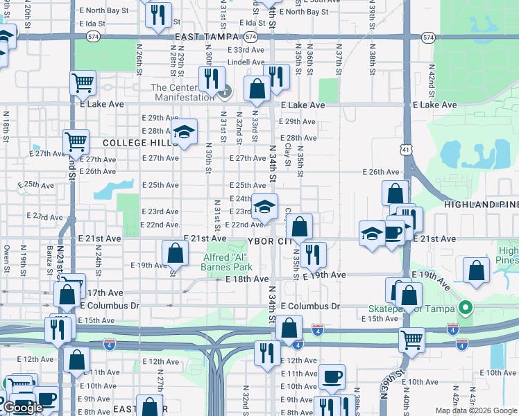 map of restaurants, bars, coffee shops, grocery stores, and more near 3302 East 23rd Avenue in Tampa