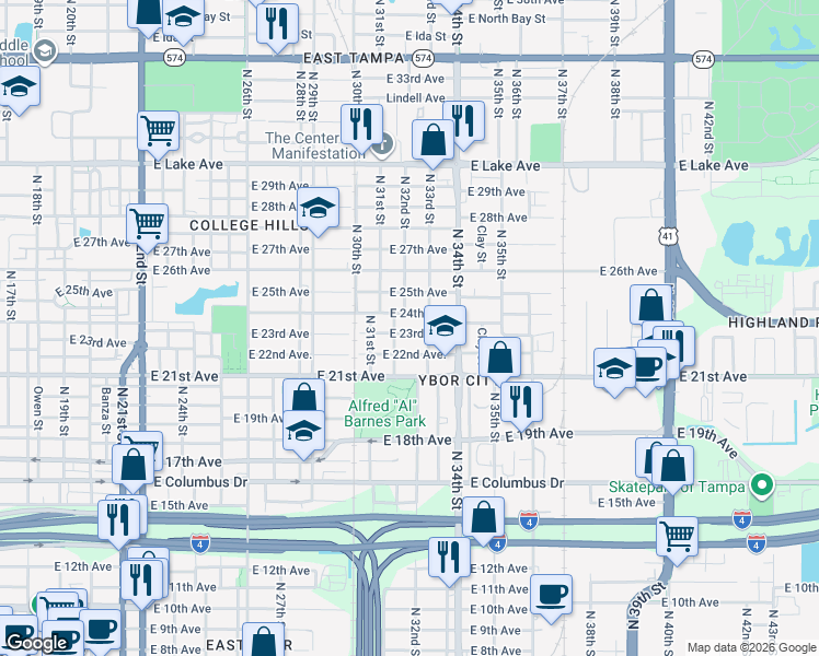 map of restaurants, bars, coffee shops, grocery stores, and more near 3112 East 23rd Avenue in Tampa