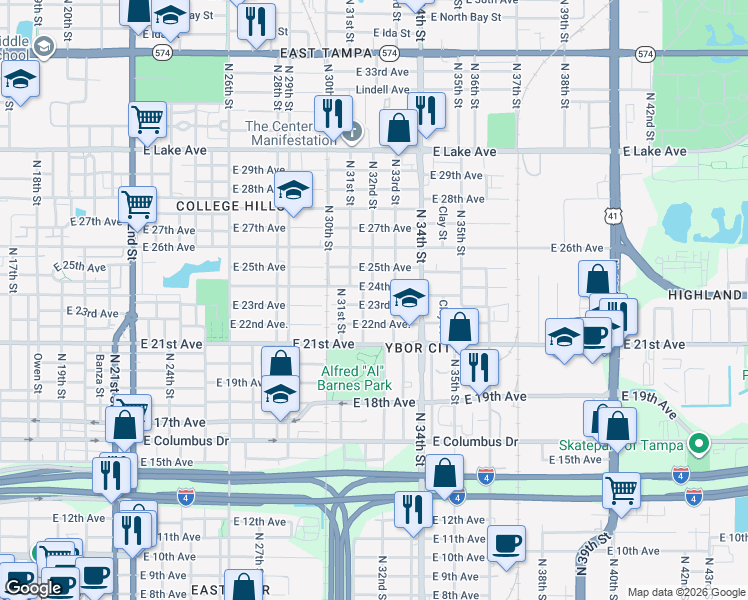 map of restaurants, bars, coffee shops, grocery stores, and more near 3112 East 23rd Avenue in Tampa