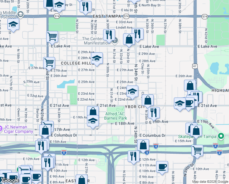 map of restaurants, bars, coffee shops, grocery stores, and more near 3112 East 23rd Avenue in Tampa