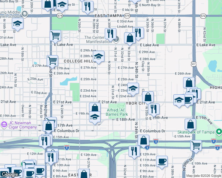 map of restaurants, bars, coffee shops, grocery stores, and more near 3000 East 23rd Avenue in Tampa