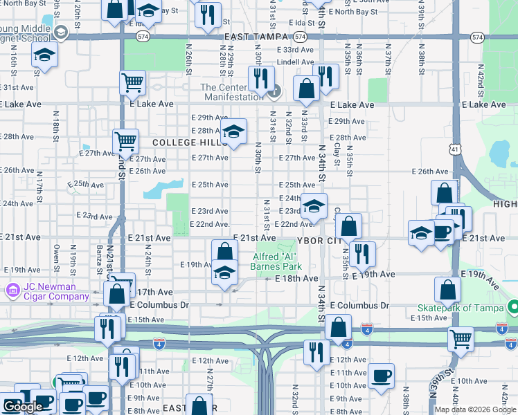 map of restaurants, bars, coffee shops, grocery stores, and more near 2918 East 23rd Avenue in Tampa