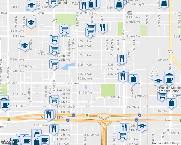 map of restaurants, bars, coffee shops, grocery stores, and more near 3201 North 29th Street in Tampa