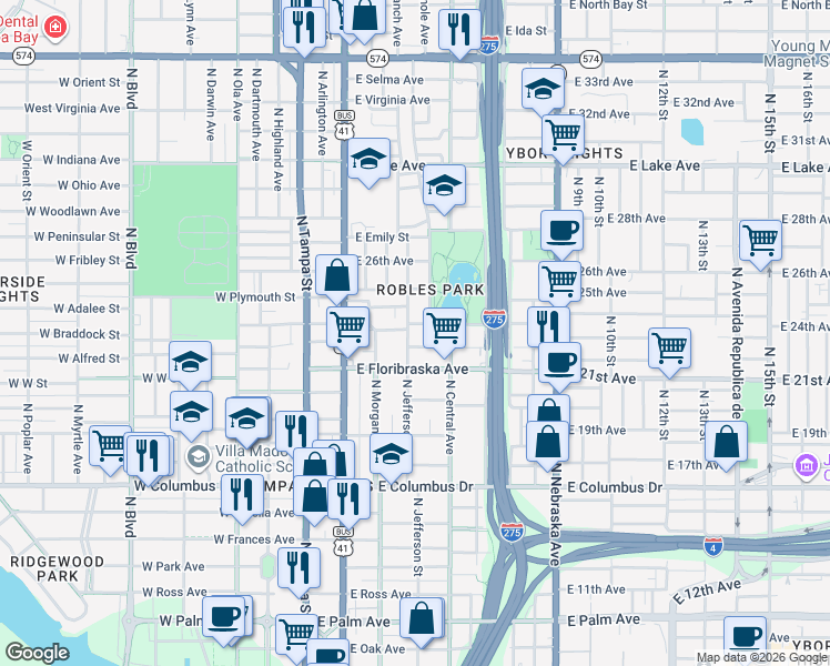 map of restaurants, bars, coffee shops, grocery stores, and more near 404 East Hugh Street in Tampa