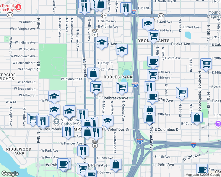 map of restaurants, bars, coffee shops, grocery stores, and more near 404 East Hugh Street in Tampa