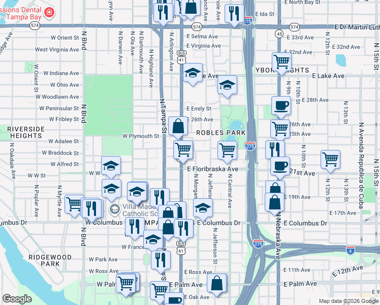 map of restaurants, bars, coffee shops, grocery stores, and more near 3011 North Morgan Street in Tampa