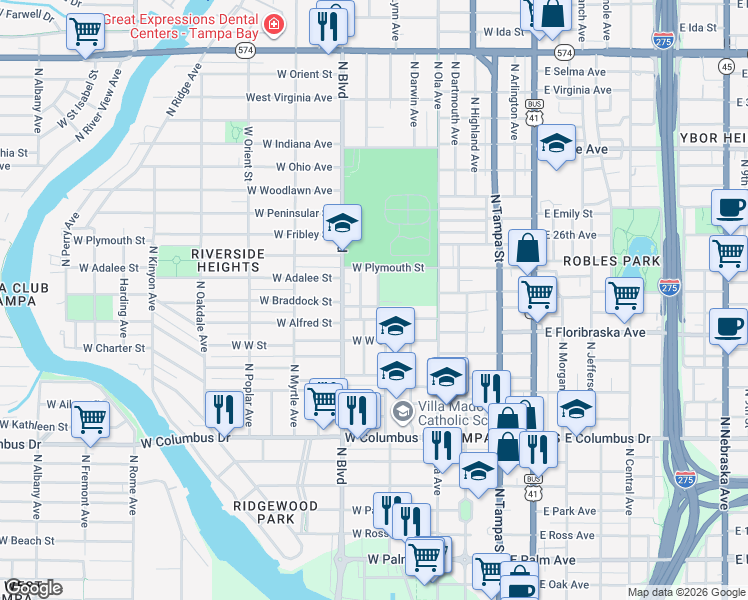 map of restaurants, bars, coffee shops, grocery stores, and more near 3102 North Woodrow Avenue in Tampa