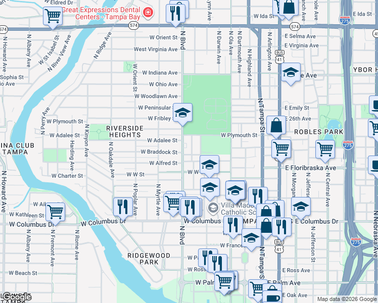 map of restaurants, bars, coffee shops, grocery stores, and more near 3102 North Woodrow Avenue in Tampa