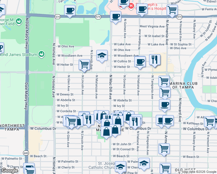 map of restaurants, bars, coffee shops, grocery stores, and more near 3109 West Leroy Street in Tampa