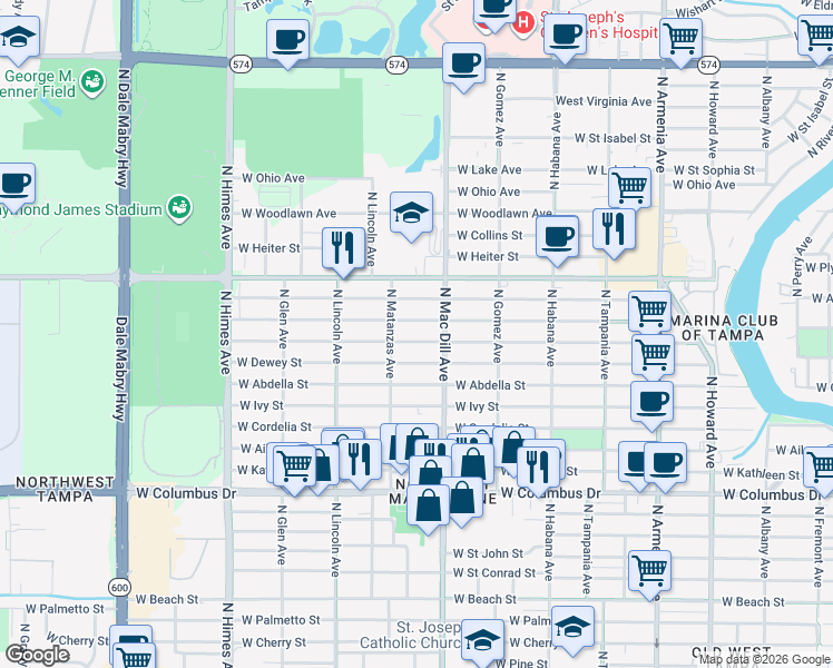 map of restaurants, bars, coffee shops, grocery stores, and more near 3109 West Leroy Street in Tampa